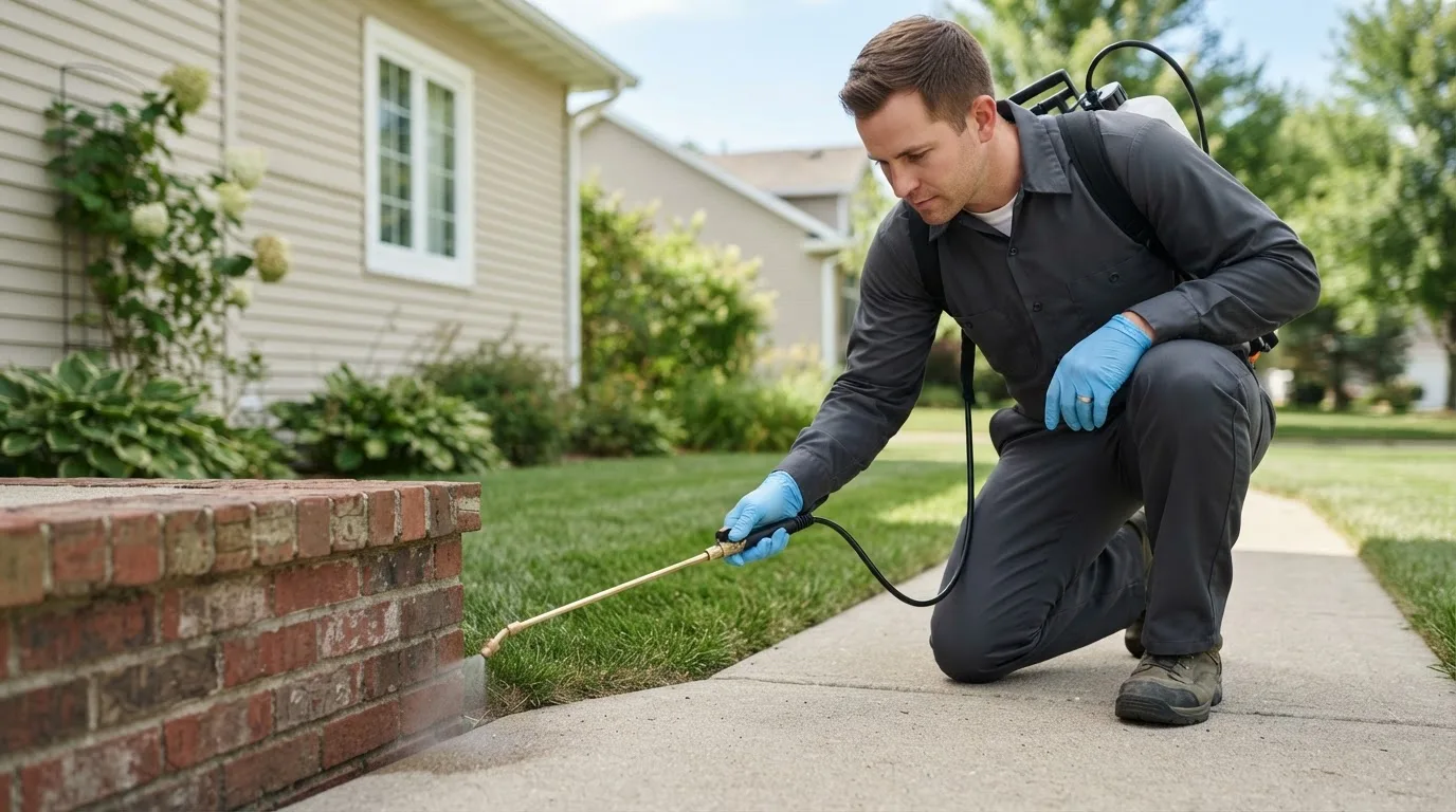 Pest control technician treating a home near Whiting, ME
